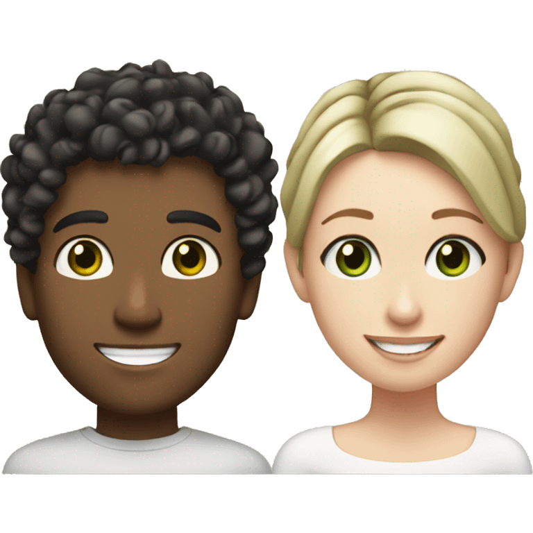 Hispanic male with black curly hair and brown eyes smiling next to white female with straight brown hair and green eyes emoji