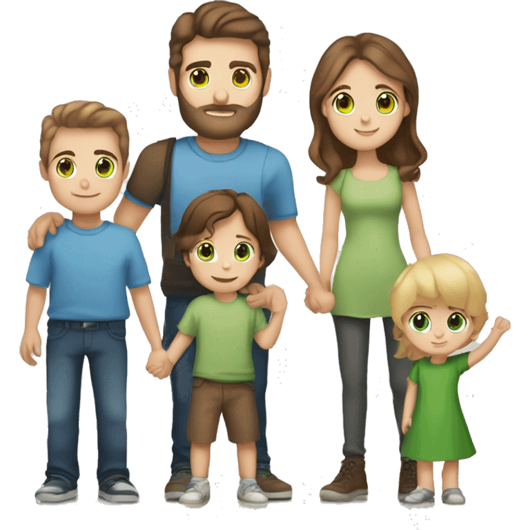 Mom with brown hair and green eyes holding a baby with brown hair and blue eyes next to tall dad with brown hair and green eyes holding hands with a young girl with blonde hair and blue eyes next to a young boy with brown hair and brown eyes  emoji