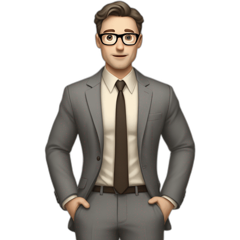 Full height Pale skinned Fit Man With dark brown hair in classic gray suit, beige office shirt, dark gray tie, and vintage glasses. Thrumbs of his palms directed up emoji