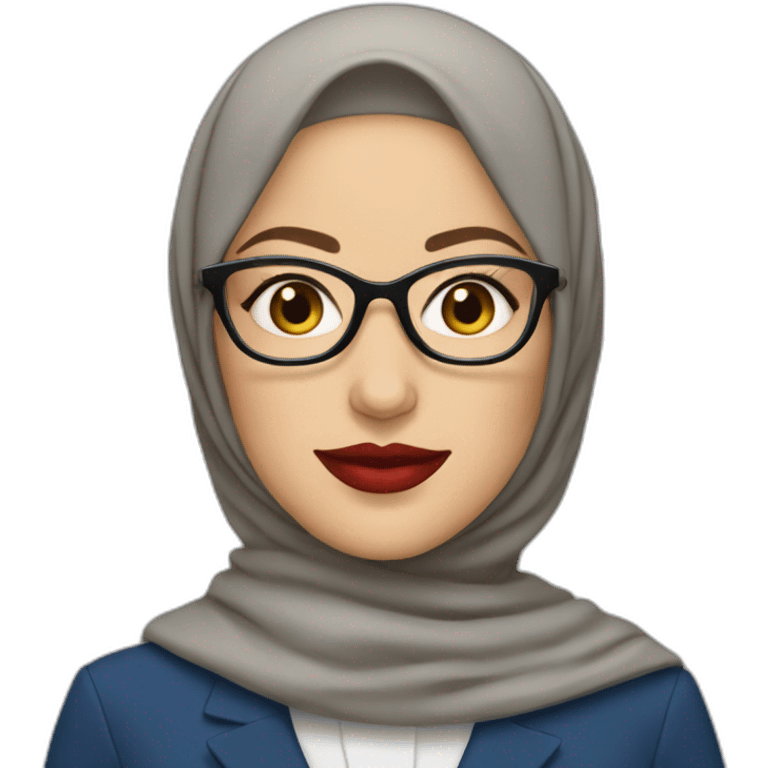 Hijabi white woman with glasses and brown eyes wearing a blue suit and red lipstick emoji