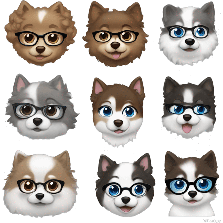 Girl with short brown curly hair, blue eyes, and glasses with black and white Pomsky with blue eyes emoji