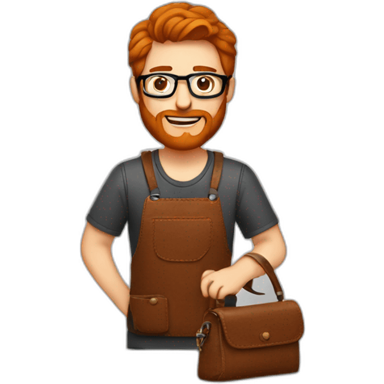 Red smooth haired man with beard and glasses sewing a leather bag by hand emoji