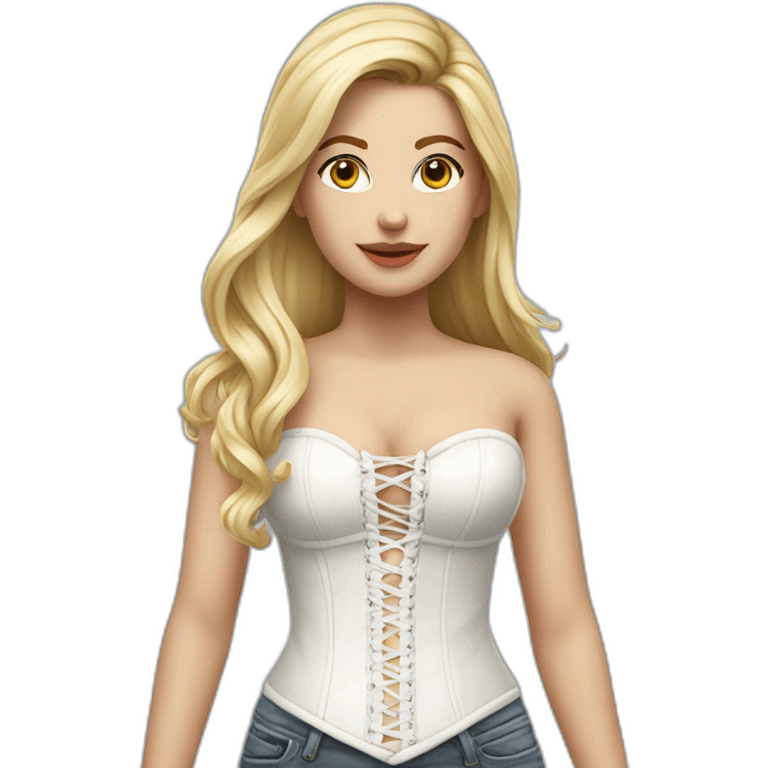 hyperrealistic caucasian blonde female, long straight hair, white lace-up bustier emoji