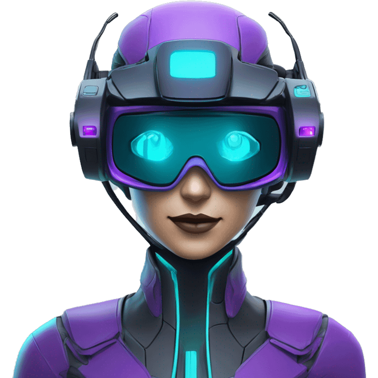 Secret humanoid agent in a futuristic hat with in Apple VR goggles headset code display on the goggles , cyberpunk, cyan and purple colors, only upper body portrait, front facing the camera  emoji