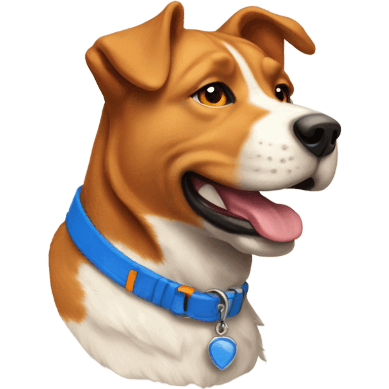 happy cute american stafford with simple blue collar with orange pendant from half side perspective emoji