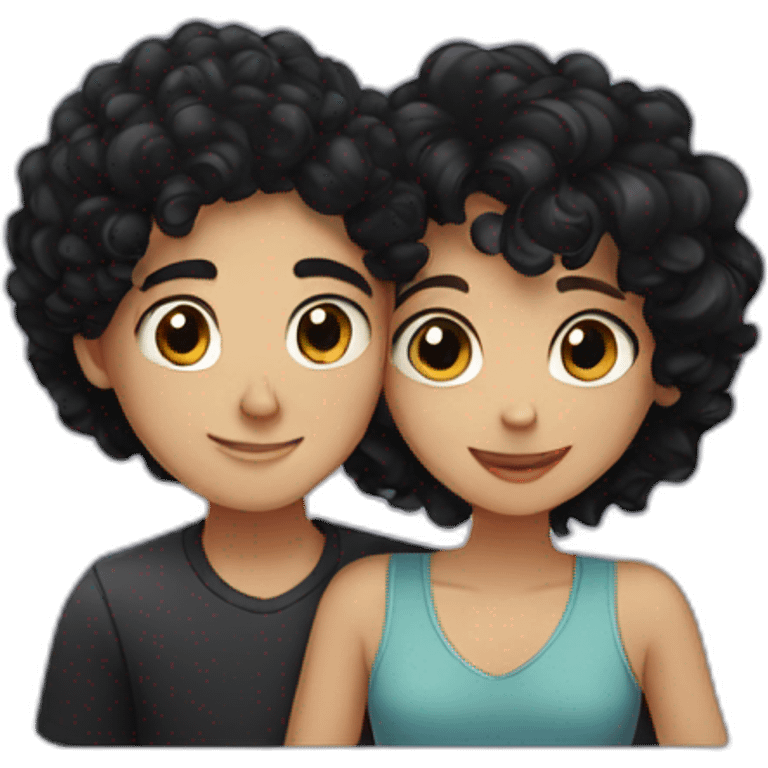 Boy with black hair and girl with curly black hair hugging emoji