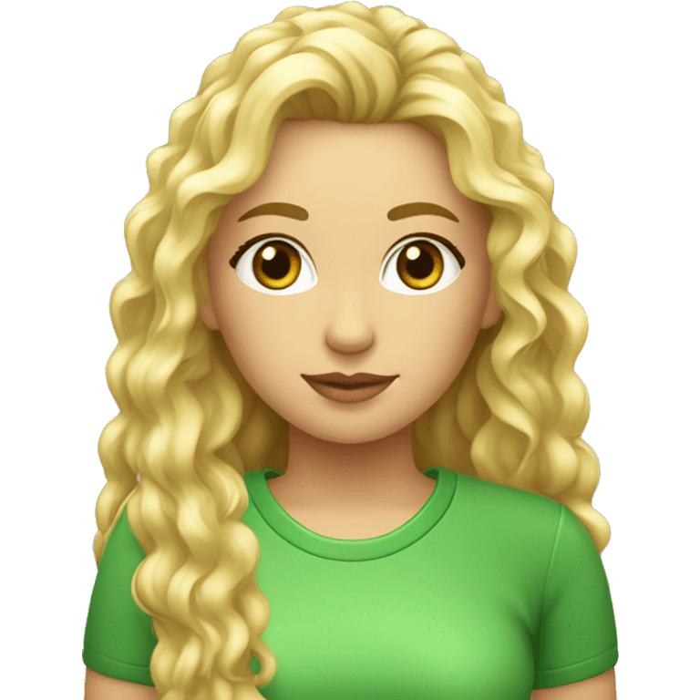 Chica rubia pelo rizado largo y flequillo con ropa verde ldelante ordenador emoji