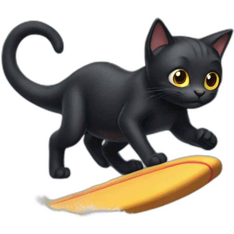 Black cat surfing on dinosor emoji