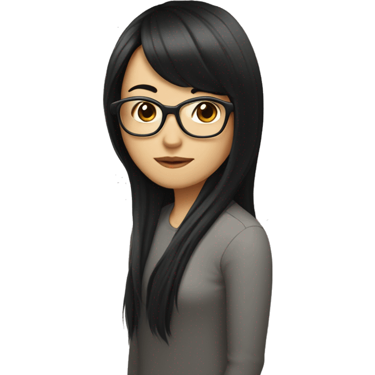 asian girl long black hair with glasses and curtain bangs with a computer emoji