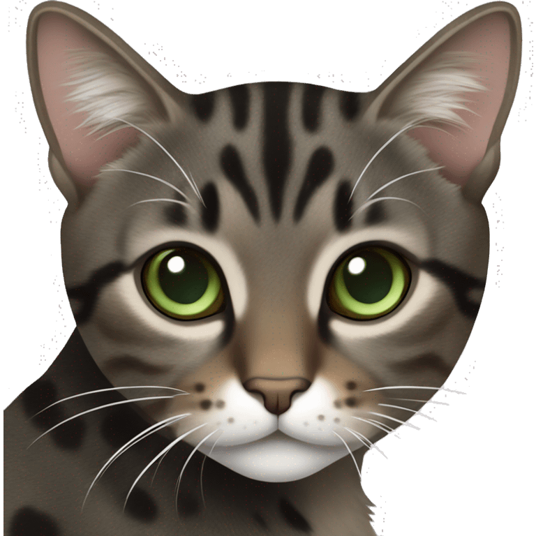 Dark brown and black and dark grey tabby dark brown black spotted with white paws cat with brown-green eyes and white neck emoji