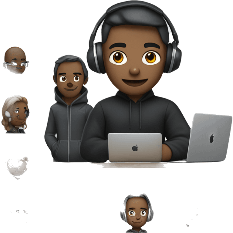 one 3d boy characters (like the apple memoji design style) dressed as developers wearing dark hoodies working. Weare a headphone ,Doing Programming in laptop, background is transperent emoji