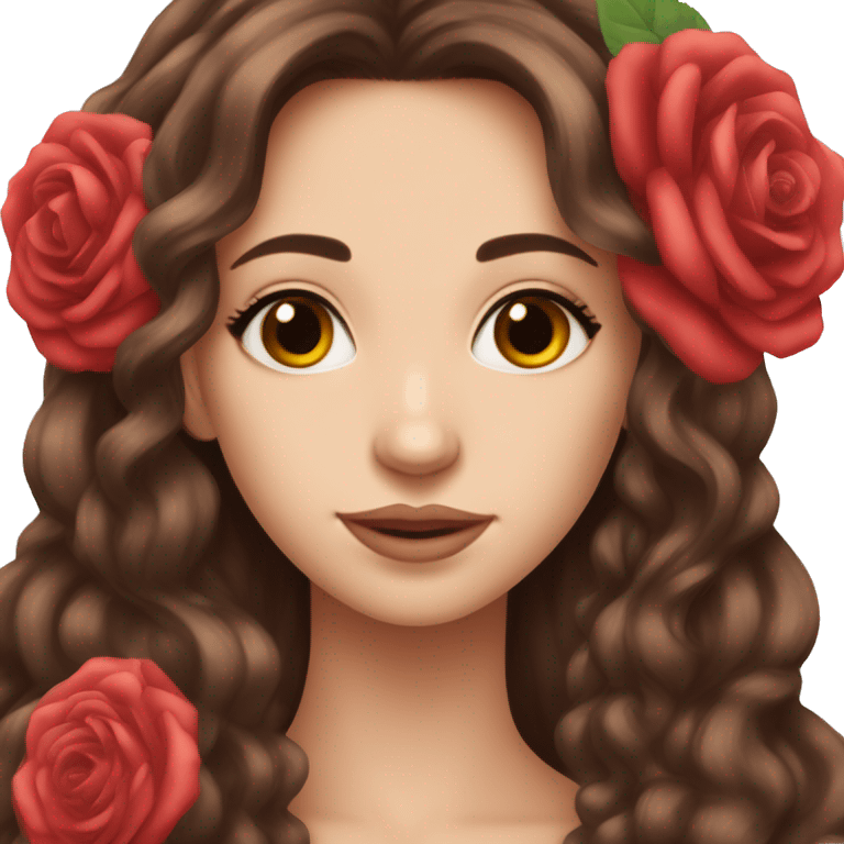 Beautiful, rose, red, flowers in hair, long dark brown hair, white fair skin emoji