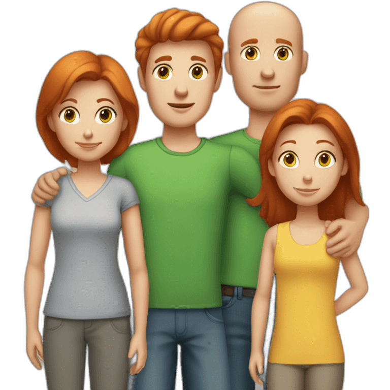 family - mom with red hair, green eyes, dad with brown hair and a small bald spot, gray eyes, a 12-year-old boy with brown hair and gray eyes emoji