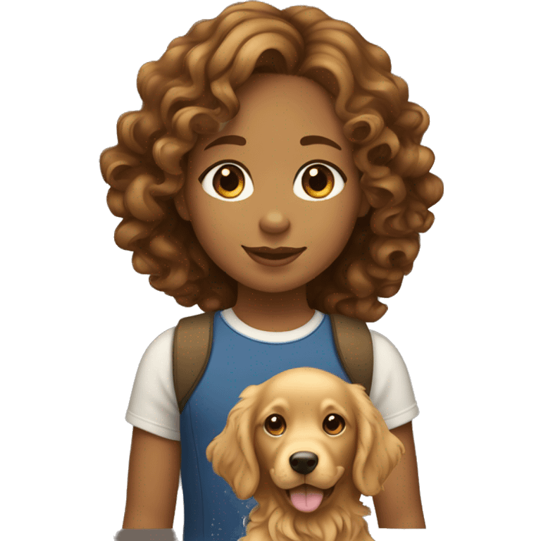 Tan skinned girl with  long brown curly hair with a golden retriever puppy emoji