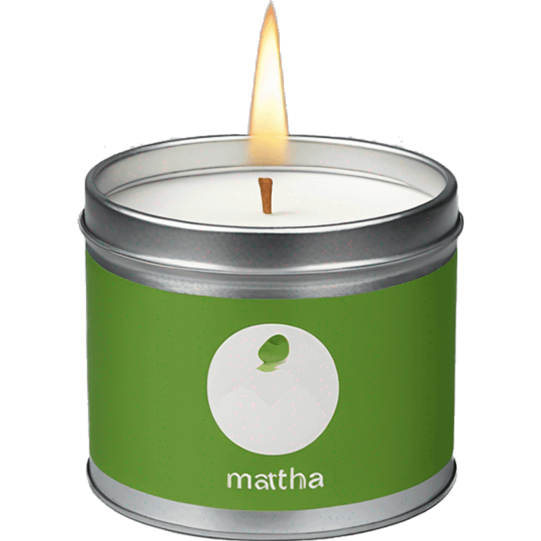 matcha scented candle in silver tin with minimalistic label hyperrealistic emoji