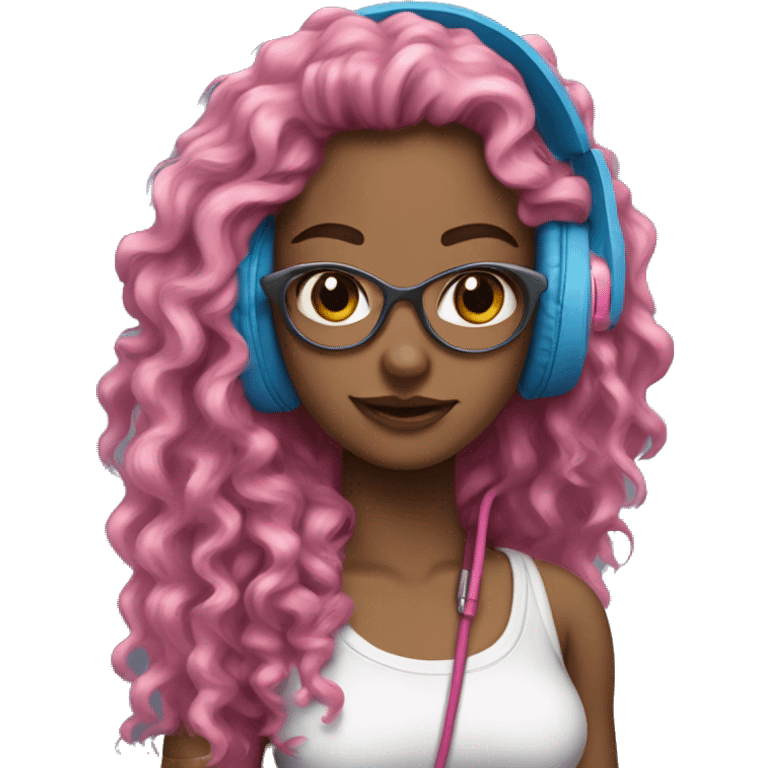 hotgir; rock; leather; girl; pink and blue long curly hair with headphones realisitc white skin  emoji