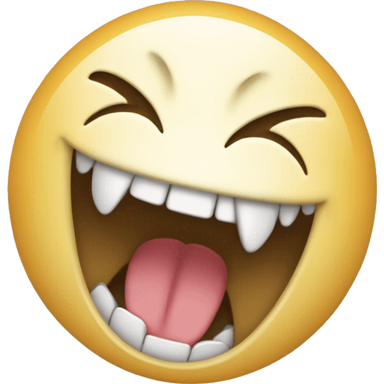 Laughing emoji with one crooked teeth that is a one canine teeth is on top of others and a bit long emoji