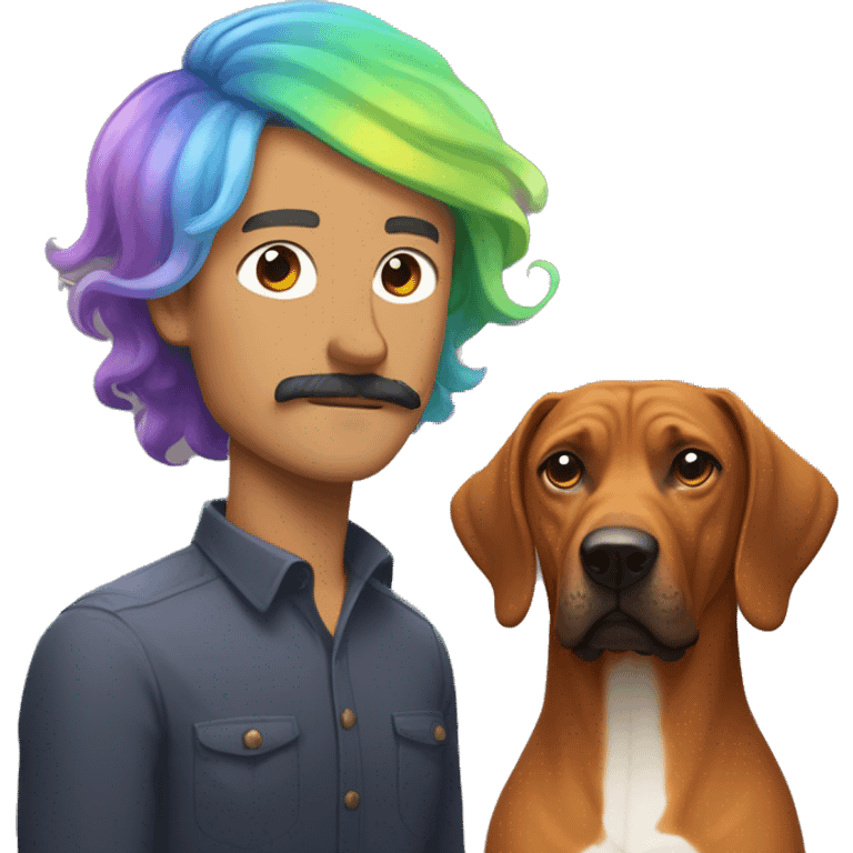 white male with rainbow colored hair and curled mustache standing alongside a brown rhodesian ridgeback dog emoji