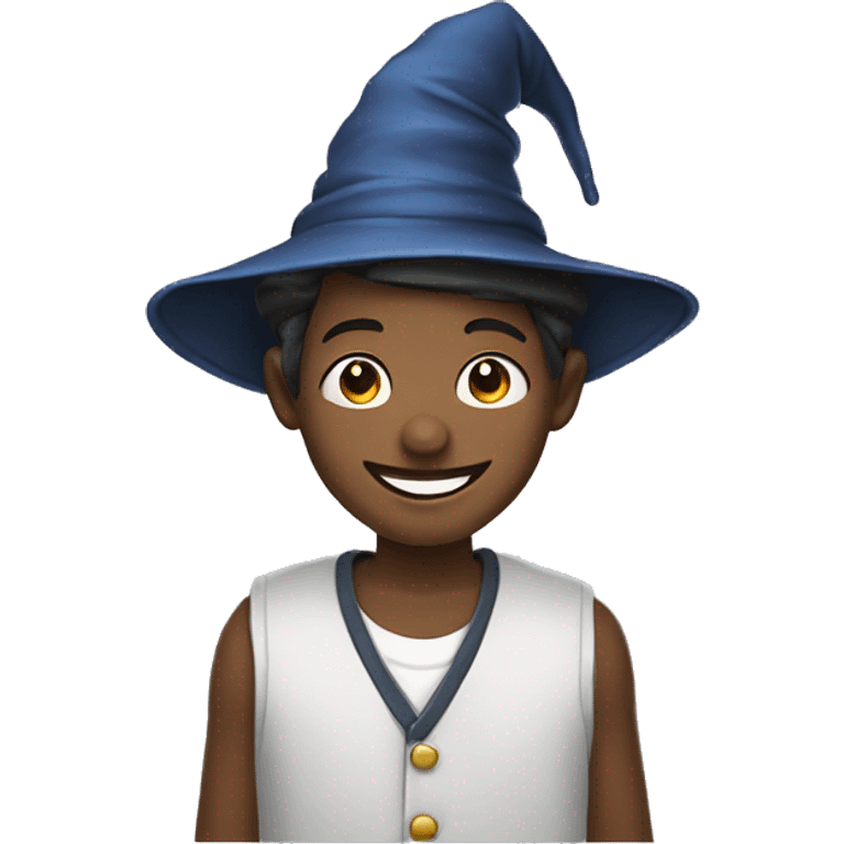 smiling boy in shirt wearing wizard hat emoji