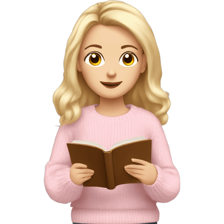 Pretty hazel eyed white girl with light pink sweater reading cozy emoji