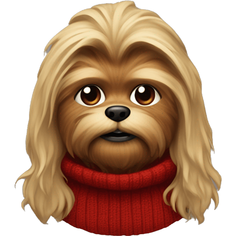 Create old shitzu blonde colored with brown nose and Chewbacca look. Red sweater turtleneck. Disheveled face  emoji