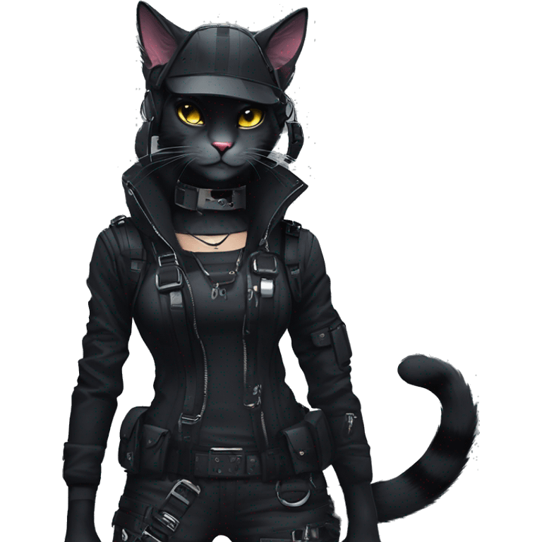 Gorgeous dark techwear cyberpunk style sona anthro cat, aesthetic, and pretty edgy black with collar and harness, trending style emoji