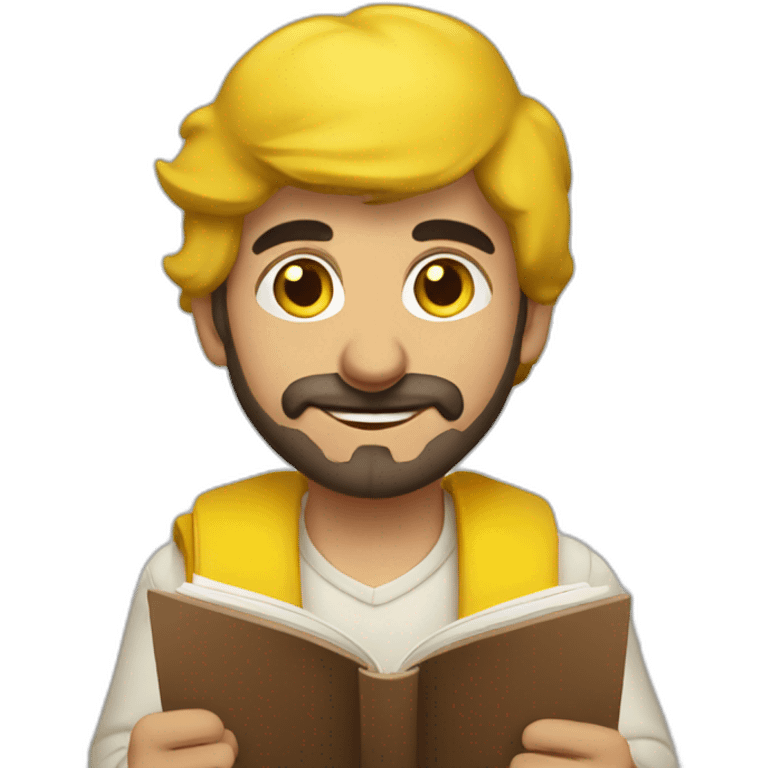 Armenian men with the yellow clothes reading book and looking at camera and smiling  emoji