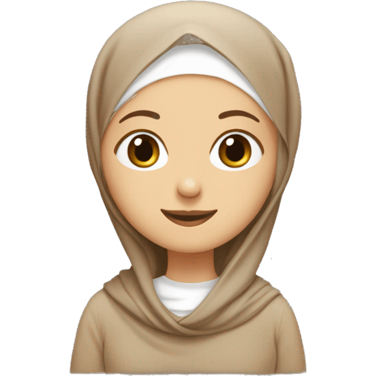 white girl wearing brown hijab with warm smile and weaing cream trip shirt emoji