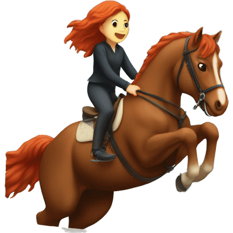 A girl with red hair riding a horse that is jumping over a wall emoji