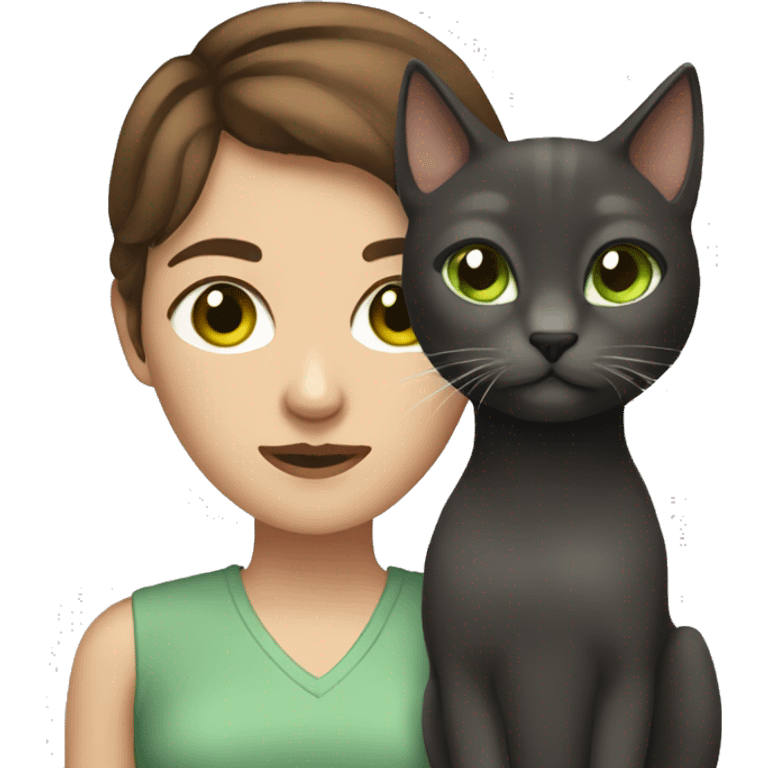  Woman with short brown hair holding a Dark graycat with light green eyes emoji