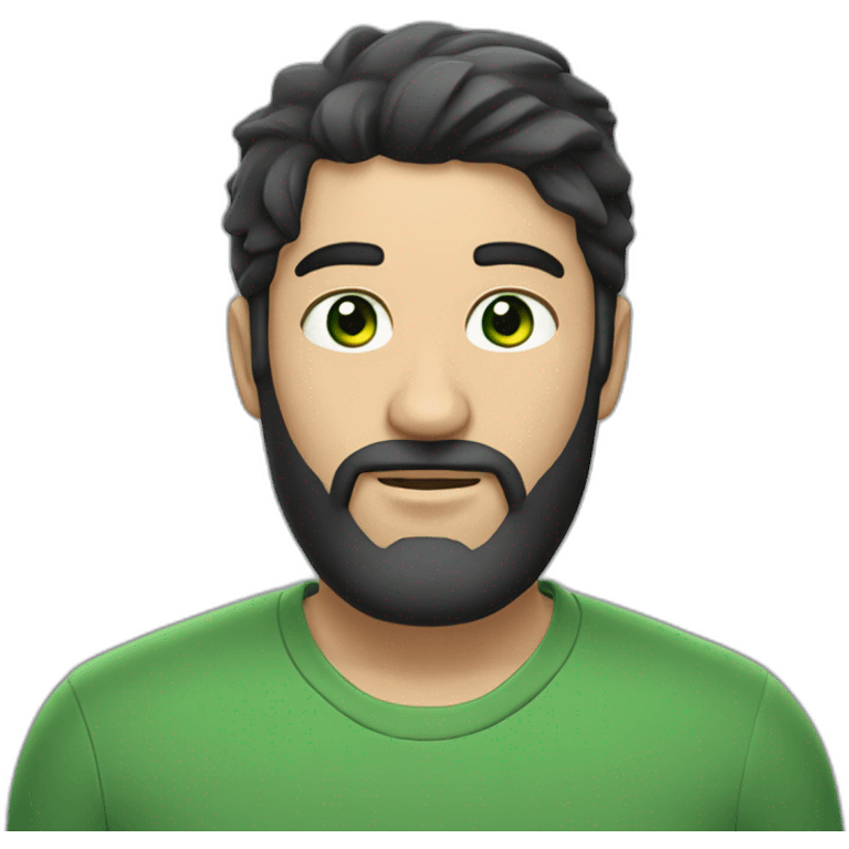 Man with black hair and beard, and green eyes, gray caps emoji