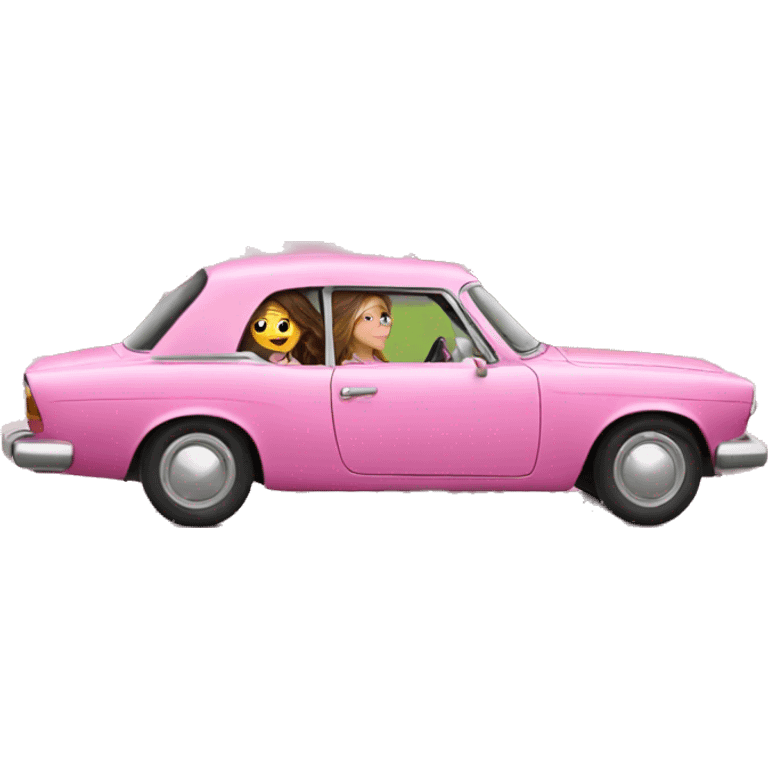 2 girls doing a driving by a house in a pink car emoji