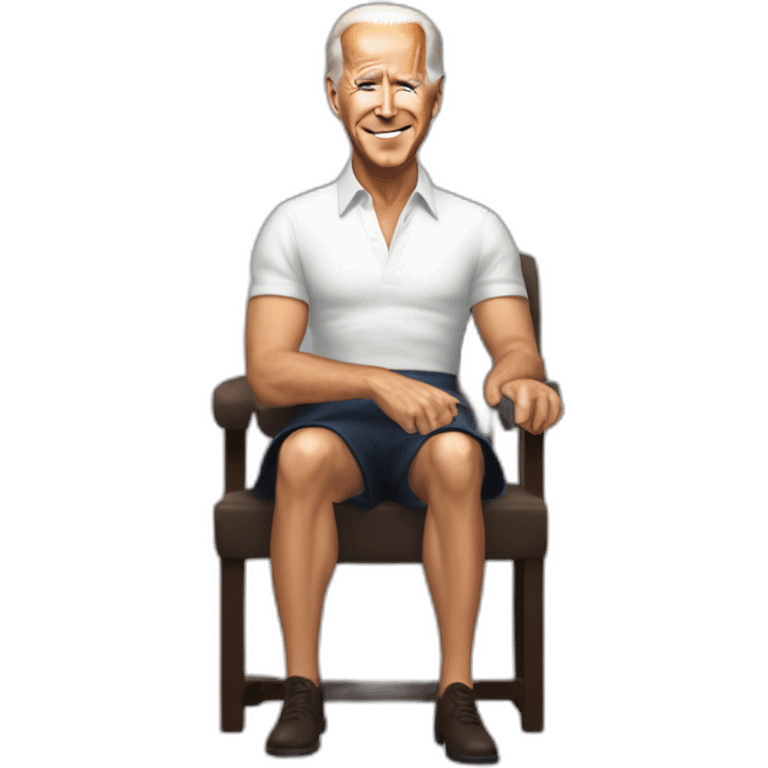 joe biden wearing a skirt and no shirt sitting acting out that scene from basic instinct sitting facing forward legs apart(full body, ios17) emoji