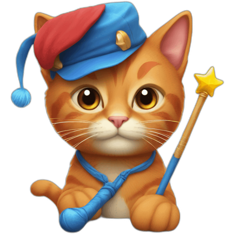 Red cat in a blue cap and with a magic wand emoji