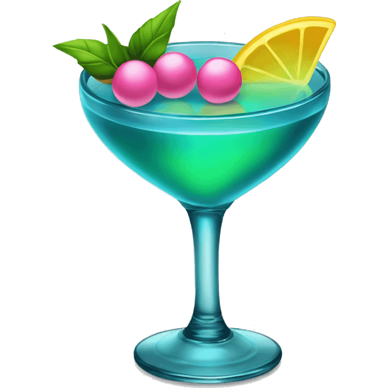 Bluish green cocktail with pink and yellow emoji