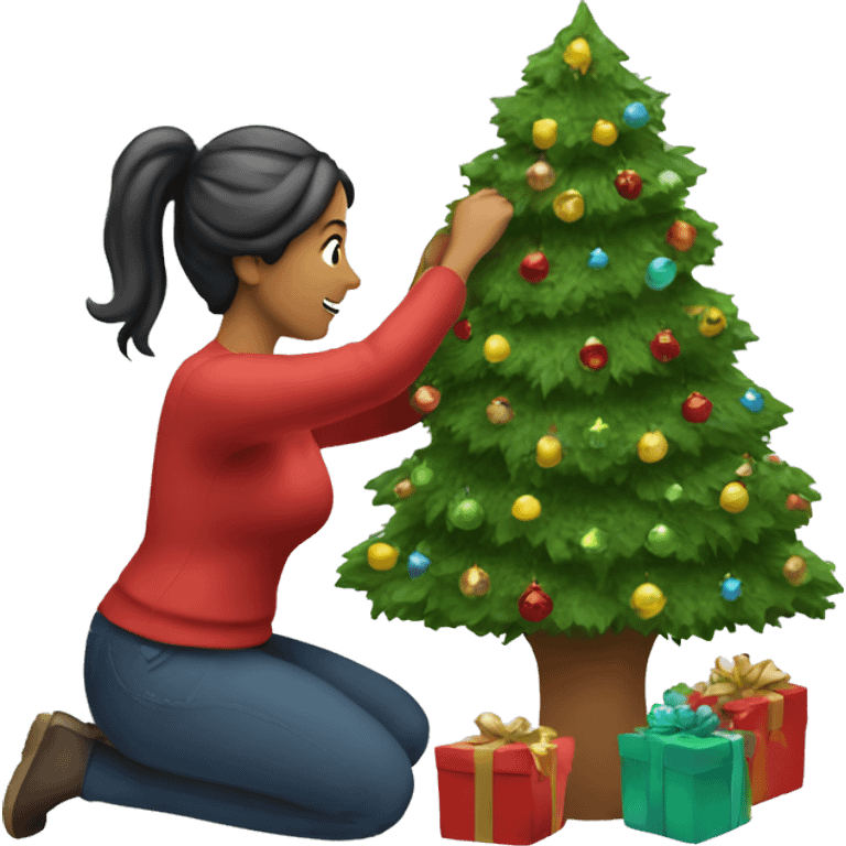 A Christmas tree with a woman decorating it emoji