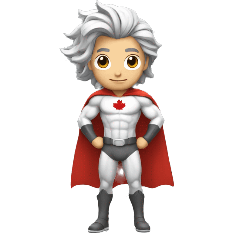 a male canadian superhero wearing red and white clothes that has a mapple leaf on chest and long dark grey hair in a ponytail emoji