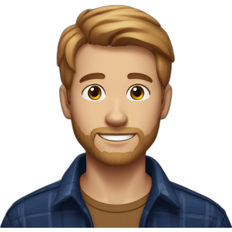 A young man with a well-defined light beard, neatly trimmed short brown hair, exuding confidence, clad in a navy blue checked flannel shirt. emoji