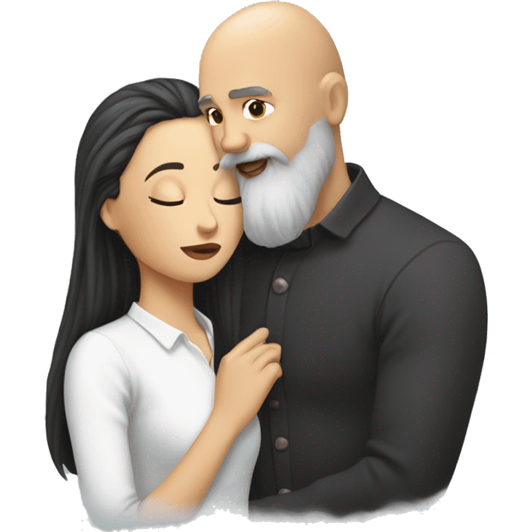 Bald and gray beard man kisses long black hair white woman emoji