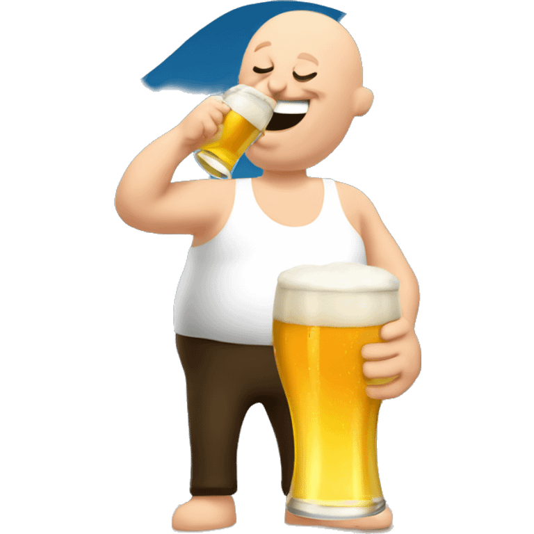 British man drinking beer in the sun, bald head, large belly emoji