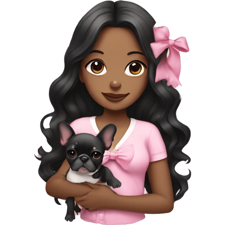  girl with long black wavy hair wearing a pink shirt holding a french bulldog wearing a white bow  emoji