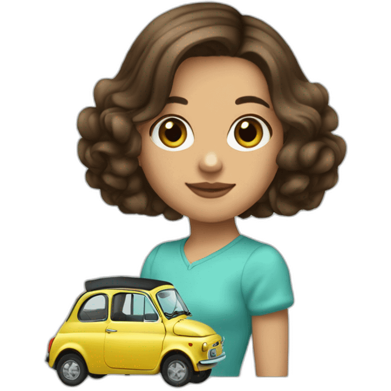 Girl-medium-hair-brunette-and-car-fiat-500-turquesa emoji