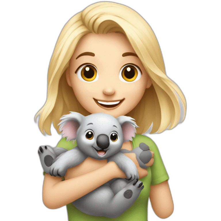 Cute happy smiling blonde girl warm holding cute koala emoji