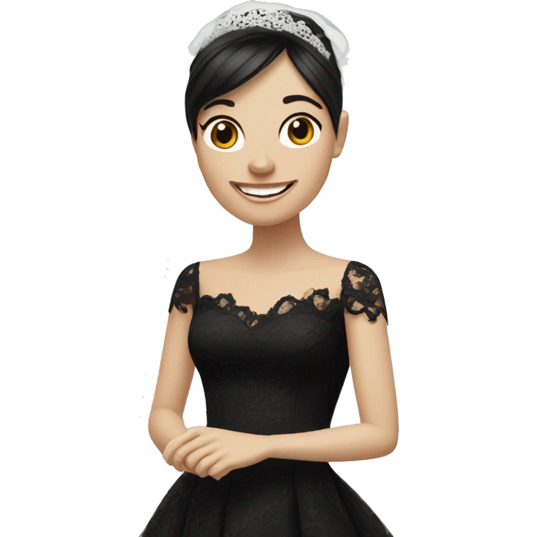 bride with very pale white skin and dark brown straight very short hair black lace dress and bangs laughing with veil emoji