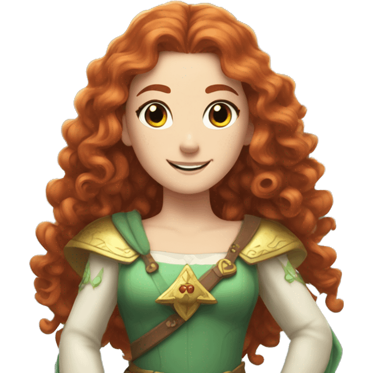 a white girl with long red curly hair and freckles, cosplaying Princess Zelda posing and smiling emoji