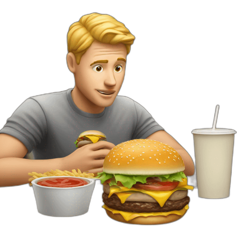 White Men eat a burger in restaurant and getting more and more emoji