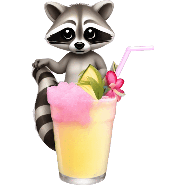 A raccoon with long eyelashes, wearing a pink bikini holding a pina colada emoji