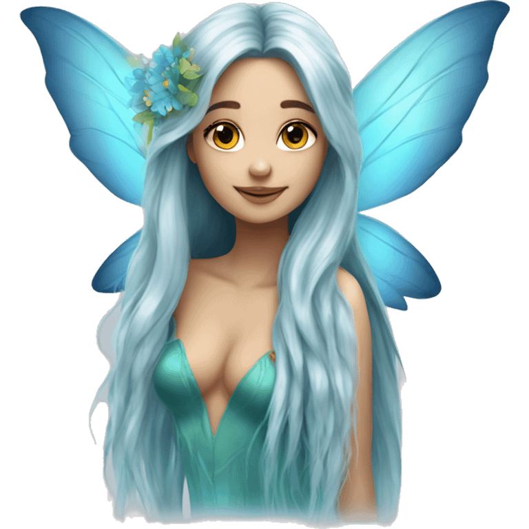 Beautiful, flower, fairy, blue, turqoise, silver, long hair, big wings emoji