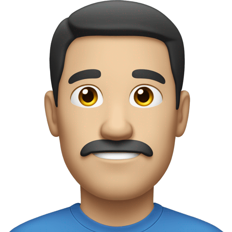 white man with black hair, not wavy hair, earing a plain blue t-shirt. Has a slight moustache emoji