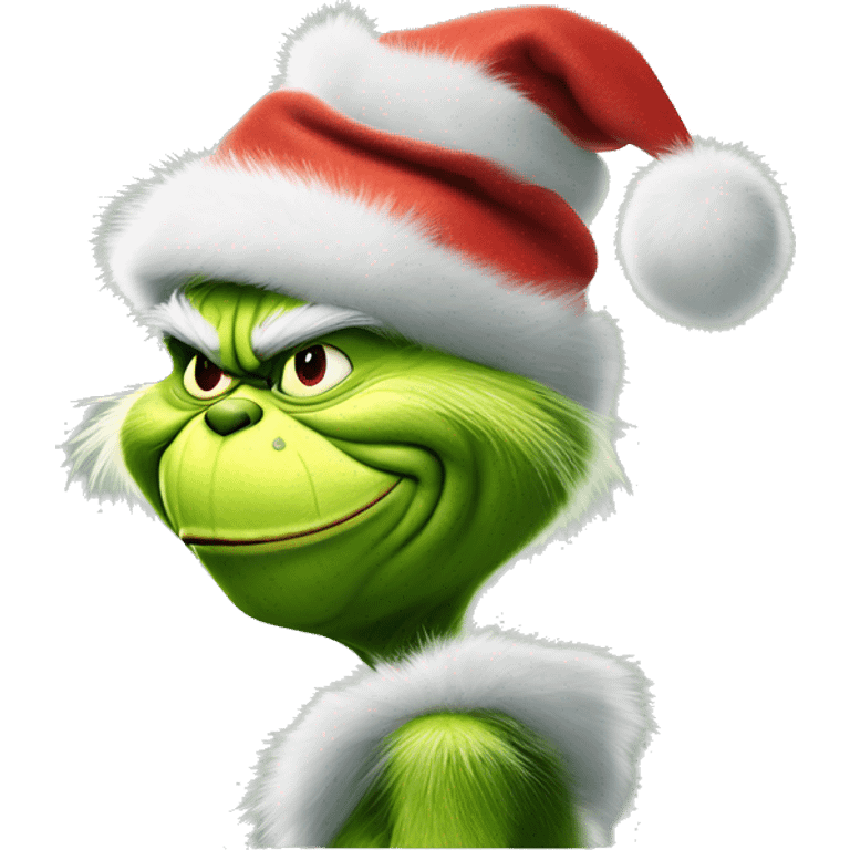 The grinch wearing santa hat pushing up the back of hat with his hand emoji